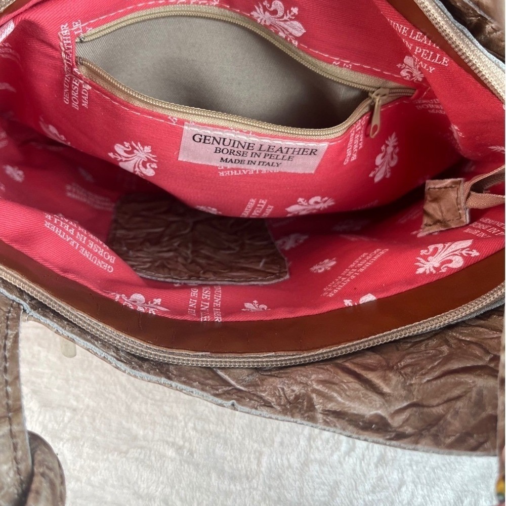 Embossed Leather Tote Bag with Scarf Accent Charm Made in Italy Borse in Pelle - Picture 4 of 16